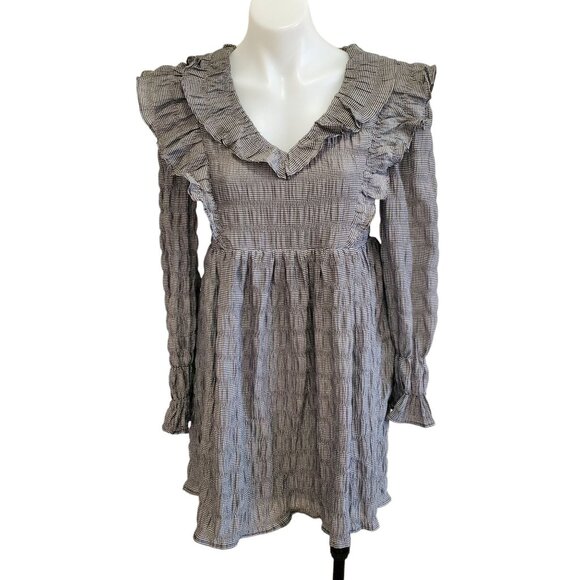NWT Anthropology Moon River Black White Gingham Ruffled Long Sleeve Mini Dress S - Picture 4 of 13
